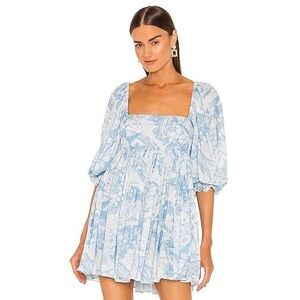 Selkie Women’s THE BABY BLUE TOILE COTTON PUFF Sleeve Dress Sz M Spring Boho
